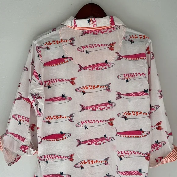 Gretchen Scott Blouse Womens XL Fish Print Button Up Shirt Beach Vacation Cotton - Picture 8 of 12